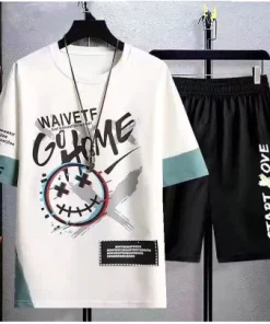 Bộ Thể Thao Áo Thun Cổ Tròn + Quần Phong Cách Đường Phố Hip Hop Hàn Quốc Thời Trang Mùa Hè Cho Nam Size M-5XL